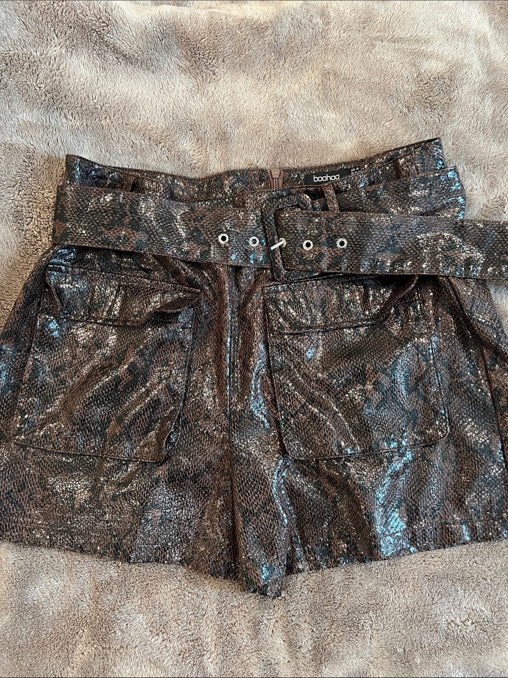 Never worn! boohoo Black Metallic Snake-Effect High Waist Shorts with Belt
